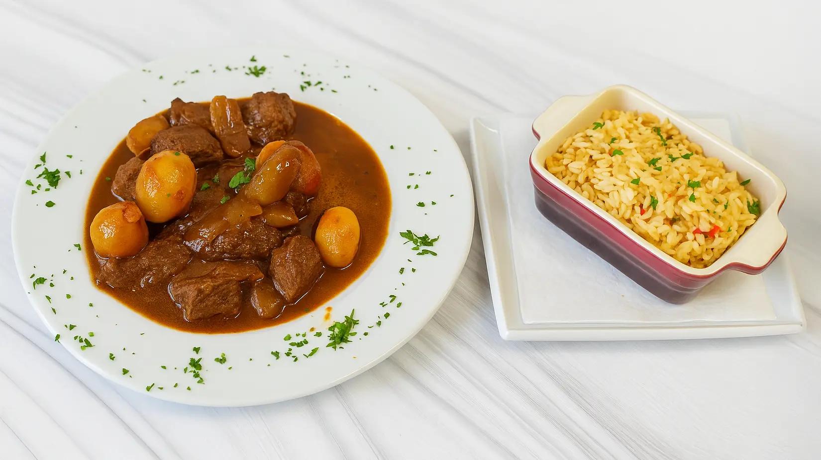 Stifado from Corfu served at Jars Meze in Bath, showing the rich braised beef and onion sauce.