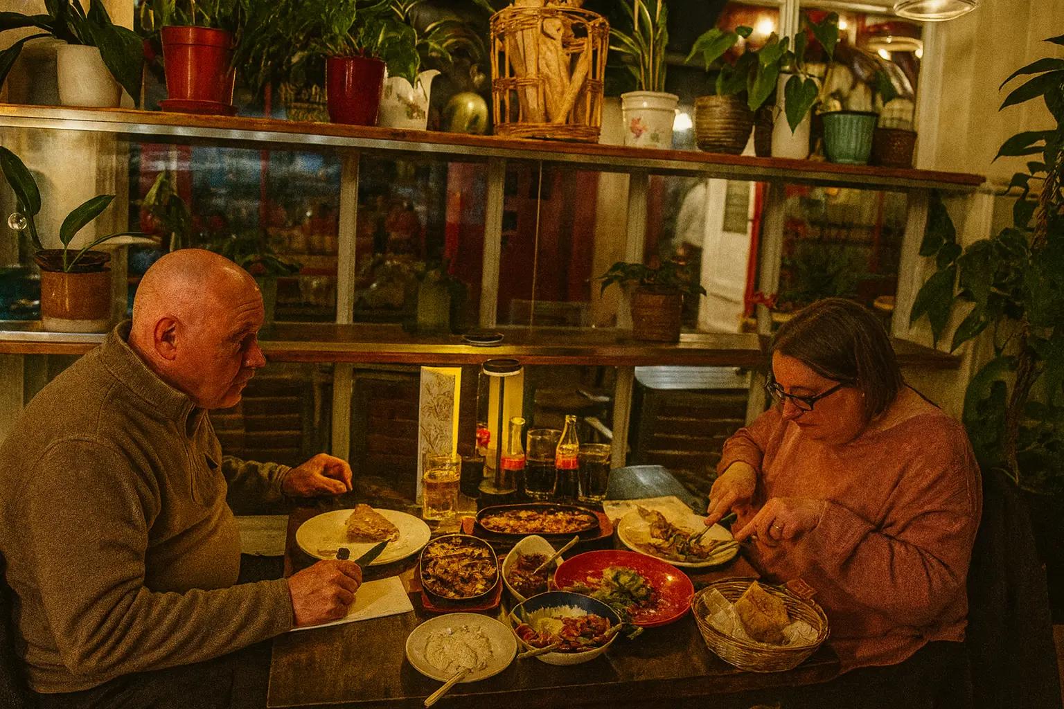 A warm and inviting interior shot of Jars Meze featuring pink floral ceiling decor, setting an atmospheric dining mood.