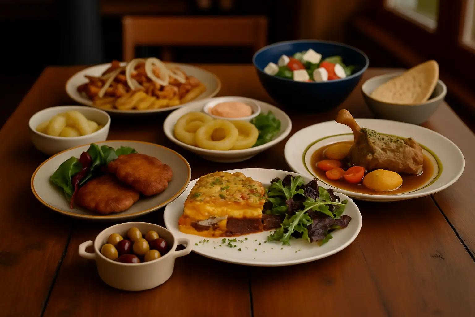 A beautifully set table filled with traditional Greek dishes at Jars Meze, inviting guests to sit down for dinner service.