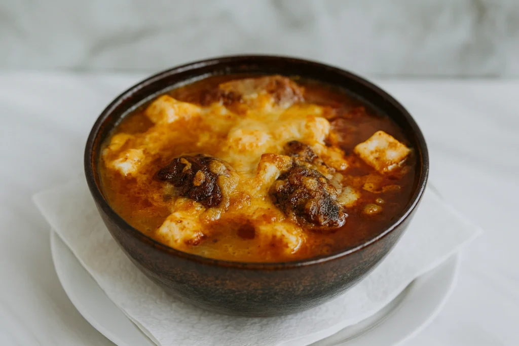 Bowl of cheesy, meaty stew